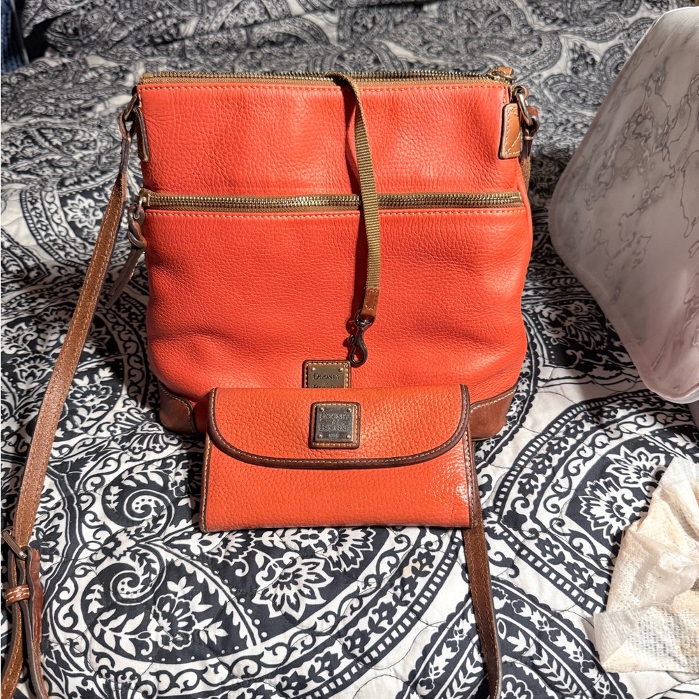 Dooney & Bourke pebbled leather Orange Crossbody Bag & wallet